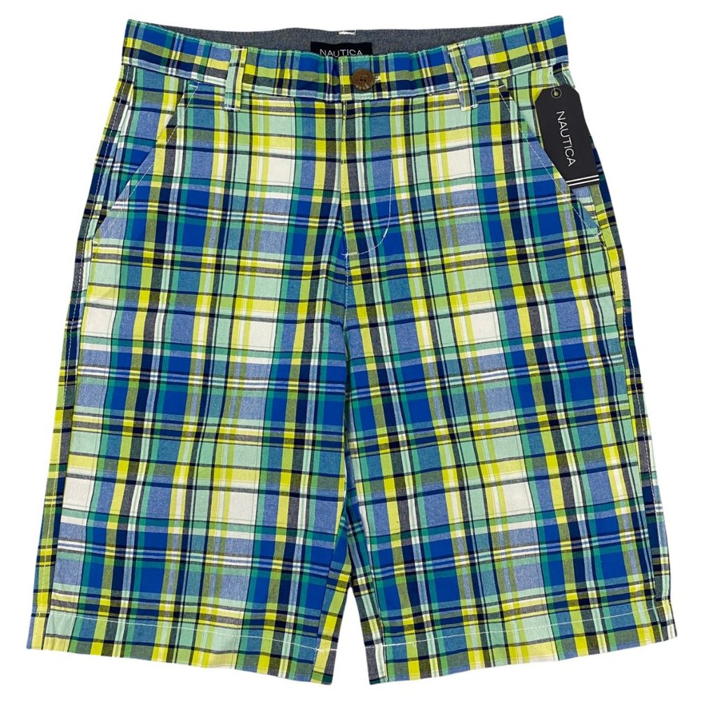 Nautica Bright Green White & Blue Jordyn Plaid Twill Shorts Big Boys 12 14 16